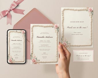 Blush Rose Pearl Bridal Shower Invitation Suite (Canva Editable, Digital Download)