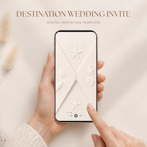 May include: A smartphone displaying a digital wedding invitation template with an off-white envelope design featuring embossed starfish and seashell motifs. The screen shows the text DESTINATION WEDDING INVITE and DIGITAL INVITATION TEMPLATE.
