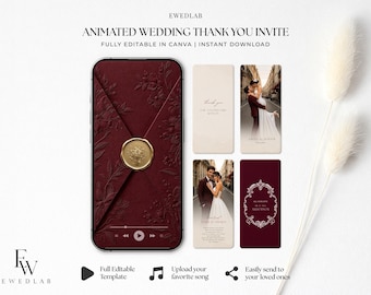 Animated Wedding Thank You Video Template, Elegant Wedding Thank You Note, Burgundy Wedding Video Photo Thank You Card for WhatsApp, Canva