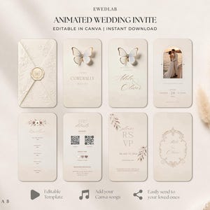 May include: An animated wedding invitation template set featuring a cream-colored envelope with a wax seal, butterfly graphics, and customizable cards. The layout includes text fields for names, dates, RSVP details, and a QR code, all presented in a soft, neutral color palette with elegant typography.