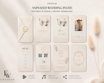 May include: An animated wedding invitation template set featuring a cream-colored envelope with a wax seal, butterfly graphics, and customizable cards. The layout includes text fields for names, dates, RSVP details, and a QR code, all presented in a soft, neutral color palette with elegant typography.