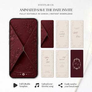 Peut inclure: Un modèle d'invitation numérique animé pour un Save the Date, présentant des tons bordeaux profond et crème avec des motifs floraux en relief. Le design inclut des textes comme Save the Date, RSVP et You're Cordially Invited, affichés sur un écran de smartphone et cinq cartes rectangulaires verticales séparées.