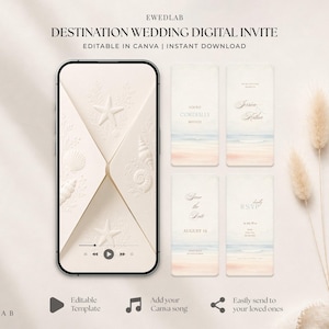 Puede incluir: Una plantilla de invitación de boda digital mostrada en la pantalla de un teléfono inteligente y cuatro tarjetas verticales. El diseño presenta un sobre color crema con conchas y estrellas de mar en relieve, junto a diseños de texto de playa.