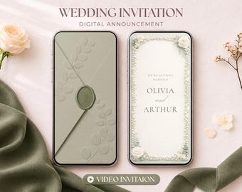 May include: Two smartphones displaying a digital wedding invitation. The left screen shows a sage green envelope with a wax seal and leaf embossing. The right screen features a white card with pearl borders and the text Olivia and Arthur.