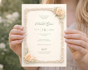 Luxury Pearl & Rose Bridal Shower Invitation Mini Suite: Orange Floral Invite (Editable Canva Template)