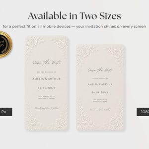 Puede incluir: Dos plantillas digitales de invitaci&oacute;n Save the Date en beige claro con esquinas florales en relieve. El texto dice: Save the Date, for the wedding of Amelia & Arthur, 06.06.20XX, Love Garden Villa, Pearleville, Miami. Tama&ntilde;os 1125x2436 y 1080x1920 px.