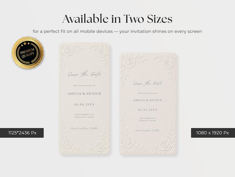 Puede incluir: Dos plantillas digitales de invitaci&oacute;n Save the Date en beige claro con esquinas florales en relieve. El texto dice: Save the Date, for the wedding of Amelia & Arthur, 06.06.20XX, Love Garden Villa, Pearleville, Miami. Tama&ntilde;os 1125x2436 y 1080x1920 px.