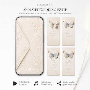 Può includere: Un design di invito di nozze animato con uno smartphone con un design floreale in rilievo e quattro biglietti d'invito. Le carte hanno accenti a farfalla e il testo "Robert & Cordelia", "Adele & Oliver", "Save the Date" e "RSVP". È visibile anche il testo "EVENTLAB CO." e "ANIMATED WEDDING INVITE".