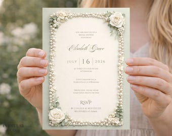 Elegant Pearls and Rose Bridal Shower Invitation Template: Sage Green Embossed Invite (Digital Download)