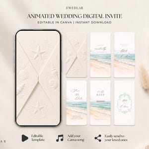 May include: An animated wedding digital invite template featuring a smartphone displaying an embossed envelope design with starfish and seashells. Six vertical panels show beach-themed graphics, text, and RSVP details for customisation in Canva.