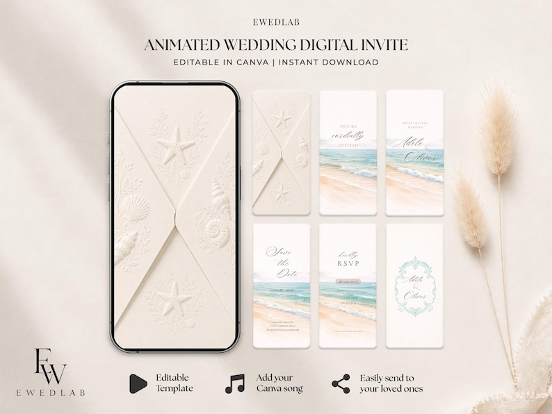May include: An animated wedding digital invite template featuring a smartphone displaying an embossed envelope design with starfish and seashells. Six vertical panels show beach-themed graphics, text, and RSVP details for customisation in Canva.