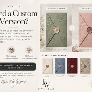 May include: An informational graphic for EWEDLAB featuring custom envelope designs. It displays a sage green envelope with a gold wax seal and a blush pink envelope with a rose wax seal, alongside five smaller colour variations with wax seals.