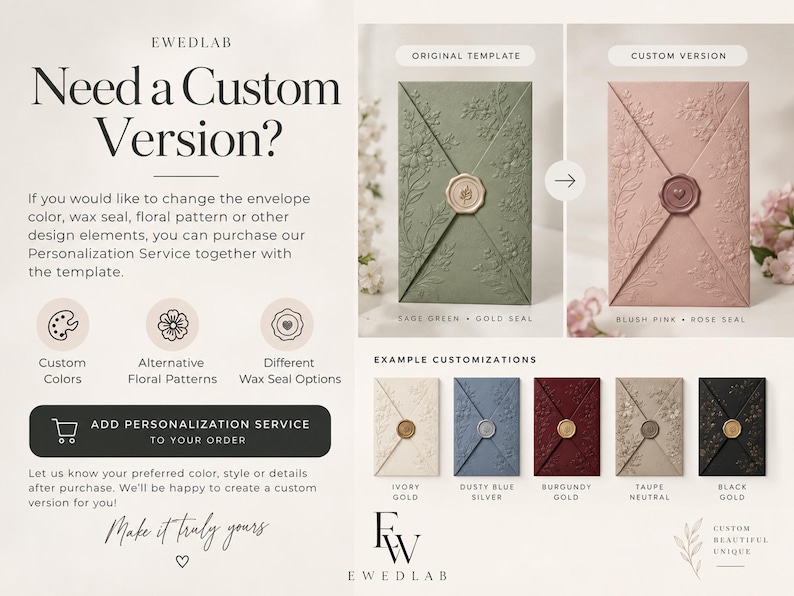 May include: An informational graphic for EWEDLAB featuring custom envelope designs. It displays a sage green envelope with a gold wax seal and a blush pink envelope with a rose wax seal, alongside five smaller colour variations with wax seals.