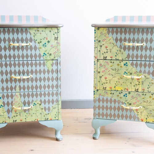 Pair of hand painted whimsical bedside drawers