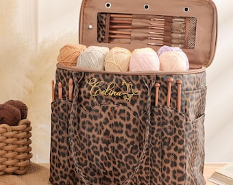 Personalized Leopard Print Leather Yarn Storage Bag With Zodiac Name, Large Knitting Crochet Organizer, Yarn Storage Tote, Gift for Knitters