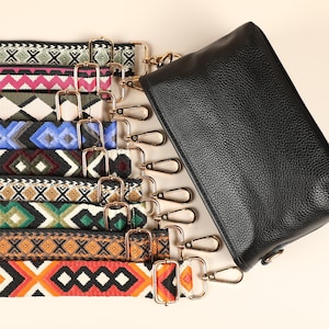 Crossbody Bag Black Belt Bag with Optional Patterned Strap, Leather Shoulder Bag with Wide Strap, Leather Fanny pack with Belt, Gift for Her