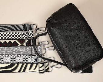 Crossbody Black Bag for Women, Leather Bag Shoulder Bag Crossbody Wide Bag Strap with Pattern, Everyday bag, Girlfriend gift