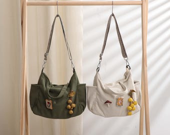 Bolso de pana, bandolera, informal, tipo hobo, para compras, de hombro, de viaje, para uso diario, regalo para ella, alfileres de tela hechos a mano.