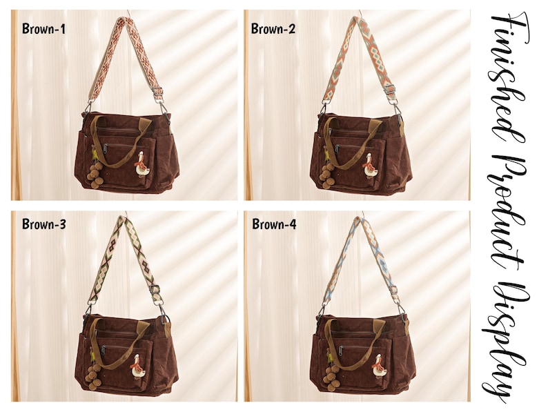 Puede incluir: Cuatro bolsos mensajeros de lona marr&oacute;n con correas estampadas. Cada bolso tiene un bolsillo frontal, un peque&ntilde;o adorno decorativo y el texto "Brown-1", "Brown-2", "Brown-3" y "Brown-4". Tambi&eacute;n es visible el texto "Finished Product Display".