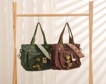 Bolso de pana, bandolera, informal, tipo hobo, para compras, de hombro, de viaje, para uso diario, regalo para ella, alfileres de tela hechos a mano.