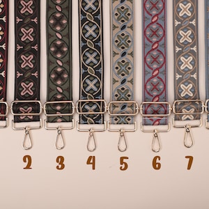 May include: Eight different patterned fabric straps with gold metal clasps and hooks. The straps are numbered 1 through 8.