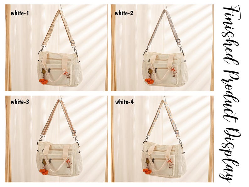 Puede incluir: Se muestran cuatro bolsos mensajeros de color crema con diferentes dise&ntilde;os de correas. Cada bolso tiene un bolsillo frontal, bolsillos laterales y un adorno decorativo. El texto "white-1", "white-2", "white-3" y "white-4" est&aacute; en la esquina superior izquierda. El texto "Finished Product Display" est&aacute; a la derecha.