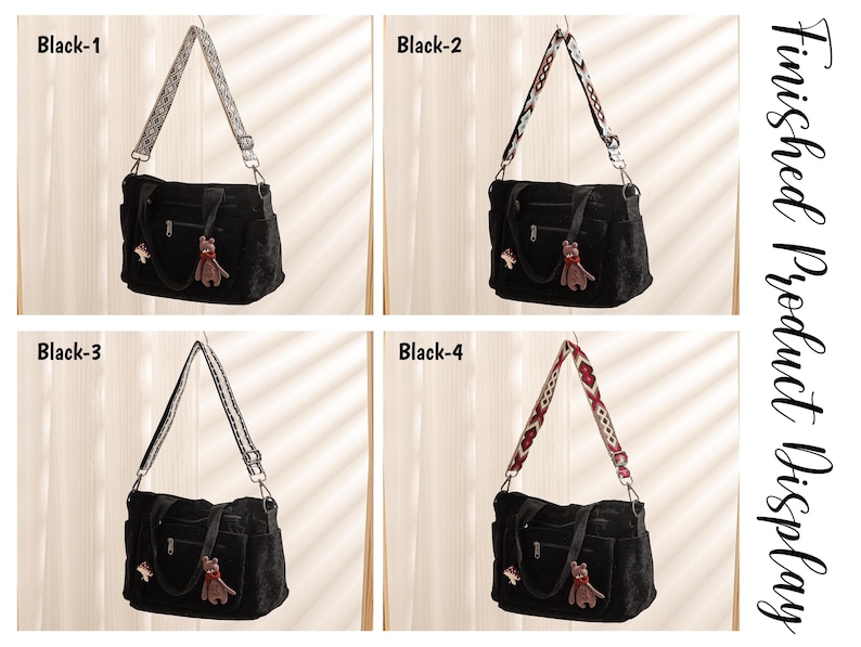Puede incluir: Cuatro bolsos tote negros con diferentes correas para el hombro estampadas. Cada bolso tiene un peque&ntilde;o dije de oso y un acento decorativo. Los bolsos se muestran sobre un fondo neutro. El texto "Finished Product Display" es visible.