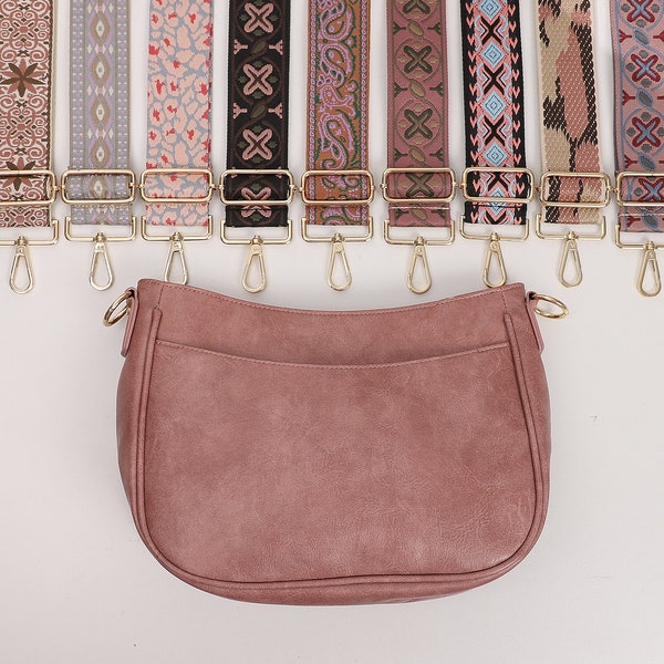 Vegan leather Pink Crossbody Shoulder Bag for Women with extra Patterned Straps, Leather Shoulder Bag, Crossbody Bag with Different Colors