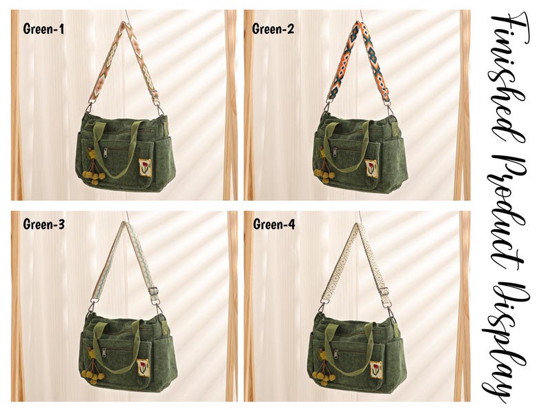 Puede incluir: Cuatro bolsos de hombro de lona verde con diferentes correas estampadas y borlas decorativas. Cada bolso tiene m&uacute;ltiples bolsillos y un peque&ntilde;o parche bordado. Los bolsos se exhiben sobre un fondo neutro.