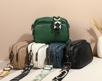 Leren heuptasje voor dames met brede riem, cameratas, crossbodytas gepersonaliseerd, cameratas schoudertas, jubileumcadeau