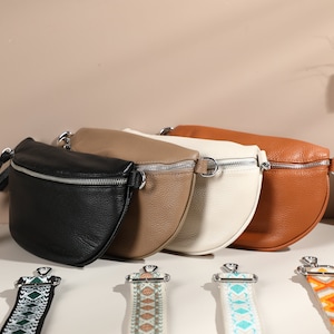Belly Bag Leather for Women, Leather Crossbody Bag with Silver Zipper, Crossbody Bag with Different Wide Strap, Belt Bag Women, Everyday Bag