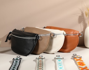 Sac de ventre en cuir pour femme, sac à bandoulière en cuir avec fermeture éclair argentée, sac à bandoulière avec différentes sangles larges, sac de ceinture pour femme, sac de tous les jours