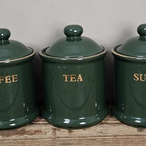 Premier Ceramic Kitchen Canister Set 3 | Coffee Tea Sugar | Green Glossy Jars with Gold Trim | 1993 Housewares