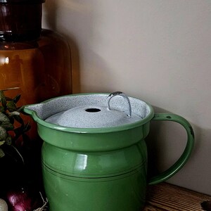 Green Enamel Milk Boiler Jug with Anti-Boil Lid – Antique French Enamelware Pitcher, Gold Trim Cottagecore Kitchen Decor-Reseda Enamel