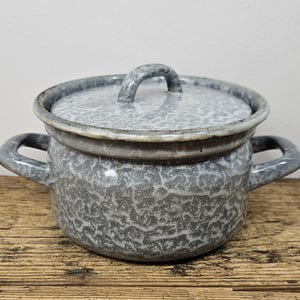 Op de afbeelding: Een gespikkelde grijze emaille kookpot met een bijpassende deksel. De pot heeft twee zijhandvatten en een lusgreep op het deksel. De pot staat op een houten oppervlak.