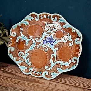 Antique French Majolica Platter Barbotine Serving Tray Baroque Rococo Scrollwork - French Country Kitchen Decor - Large Ceramic Serving Dish