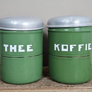 Vintage Green Enamel Canister Set – Coffee Tea Storage – Retro Kitchen Decor – Farmhouse Kitchen Jars – Mid Century Enamelware Containers