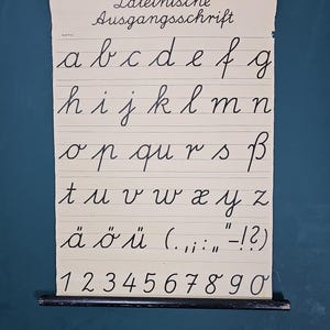 Op de afbeelding: Een educatieve wandkaart in vintage-stijl met het Duitse alfabet in Lateinische Ausgangsschrift in zwarte inkt op een crèmekleurige achtergrond. De kaart bevat kleine letters, umlauten, leestekens en de cijfers nul tot en met negen.