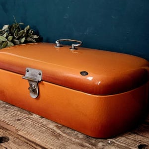 Orange Enamel Bread Box Bread Bin Mid Century Kitchen Storage with Working Closure