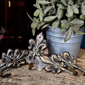 Op de afbeelding: Een set van vier metalen wandhaken met een fleur-de-lis ontwerp en een antieke messing afwerking. Elke haak heeft een gebogen onderste arm en een decoratief bovengedeelte met een klein gaatje voor montage aan de muur.