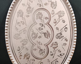 Vintage Metal Serving Tray Oval Etched Floral Design, Silver Tone Tea Tray, Retro Kitchen Decor