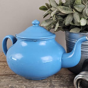 Op de afbeelding: Een lichtblauwe emaille theepot met bijpassend deksel, een gebogen handvat en een tuit met een kleine chip aan de punt. De theepot heeft een gladde, glanzende afwerking en een ronde lichaamsvorm, wat een klassiek ontwerp met gebruikssporen toont.