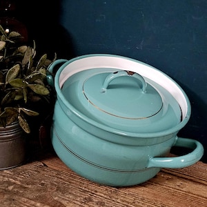 Op de afbeelding: Een ronde, talingkleurige emaille pan met bijpassend deksel en twee zijhandgrepen. De pan heeft een witte binnenkant en een dunne, donkere horizontale lijn rondom de behuizing. De dekselknop vertoont gebruikssporen met een plekje roest.