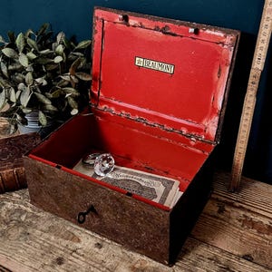 Beaumont Metal Cash Box with Working Key - Industrial Heavy Iron Lock Box - Vintage Safe Document Box - Rustic Steampunk Office Decor