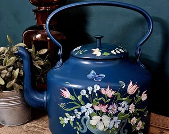 Antique Hand Painted Sheet Metal Kettle – Teal Blue Folk Art Floral Toleware Stove Kettle with Butterfly, Brocachique