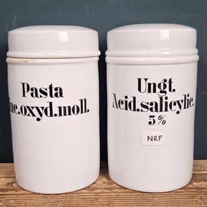 Set di barattoli in ceramica vintage da farmacia – Contenitori per uso medico e farmaceutico – Etichette latine Acido salicilico 5% – Decorazione per laboratorio – Vetrina delle curiosità