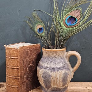 Op de afbeelding: Een keramische kan in vintage-stijl met een gespikkeld beige en blauwgrijs glazuur, voorzien van één handvat. Naast de kan staat een antiek, verweerd bruin lederen boek met reliëfdetails. Twee pauwenveren zijn in de kan geplaatst.