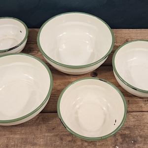 Vintage Enamel Bowl Set Green Rim, Mid Century Kitchen Bowls, Farmhouse Enamelware, Rustic Kitchen Decor