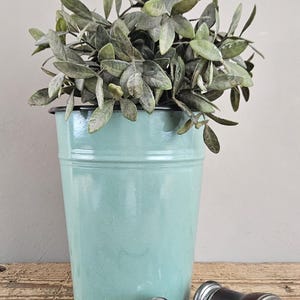 Op de afbeelding: Een lichtgroene metalen emmer met een kunstplant met kleine, stoffig groene blaadjes. Naast de emmer staat een verrekijker in vintage-stijl met donkerbruine, met leer beklede behuizing en zilverkleurige metalen randen en een brug.