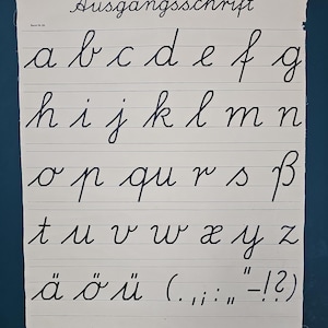 May include: A vintage educational chart displaying cursive handwriting. The chart features the alphabet, special characters, and numbers 1-9 in black ink on a cream-colored background. The title "Lateinische Ausgangsschrift" is at the top.